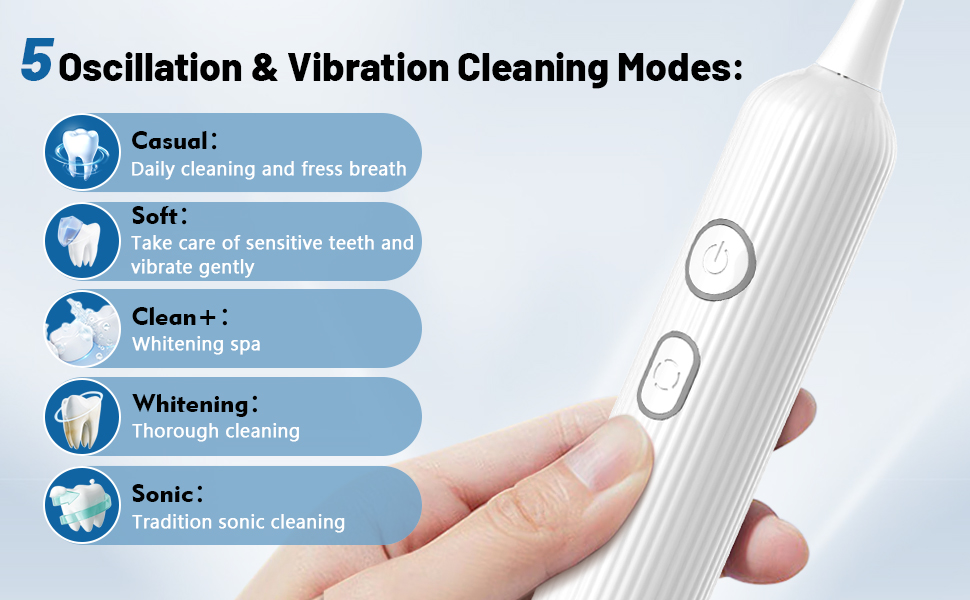 5 oscillation and vibration cleaning modes: casusal soft clean+ whitening and sonic