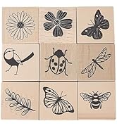 UCEC 9 Pack Vintage Wood Rubber Stamps for Crafting, Flower Butterfly Plant Bird Ladybird Dragonf...
