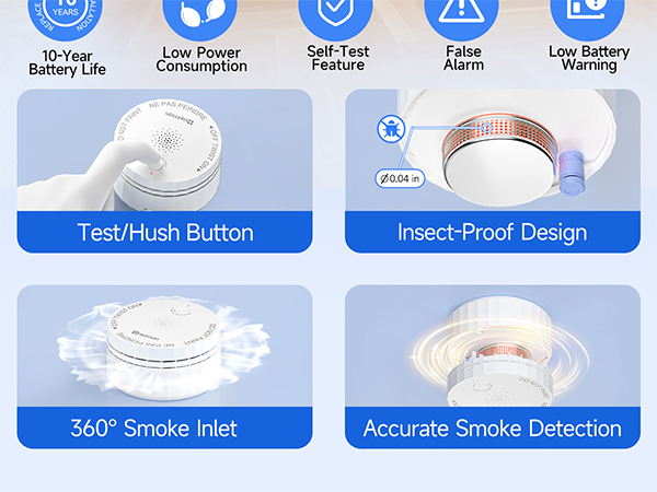 10-year smoke detector test hush button
