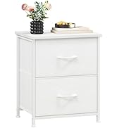 White modern bedside table or nightstand with two drawers and clean lines, shown from multiple angles with decorative plants