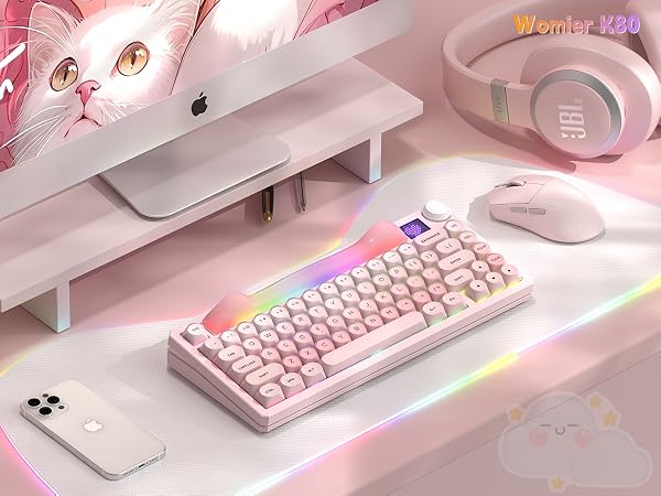 75% Wireless Mechanical Keyboard with Screen and Knob, Pink Cat Creamy Bluetooth Gaming Keyboard