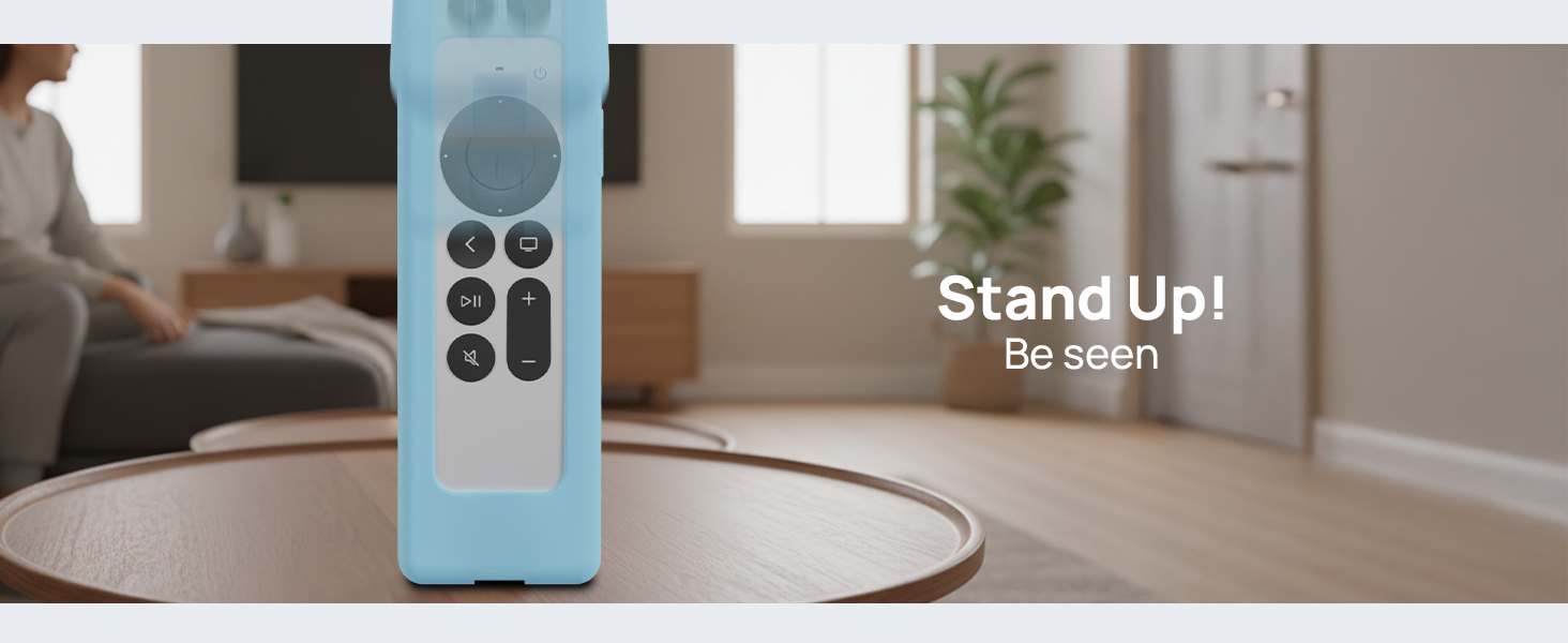 Siri Remote with GripStand case standing upright on table, easy to find in living room