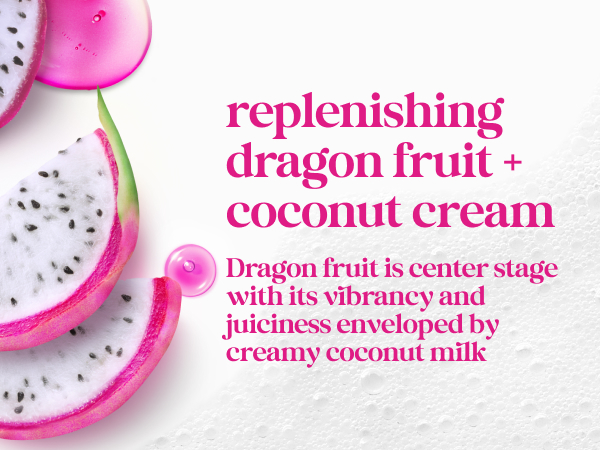 Vibrant dragon fruit slices &amp; glossy droplets rest on a textured white background with airy foam.