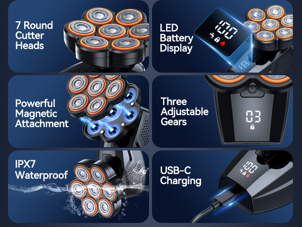 7D Bald Head Shaver with LED Display, IPX7 Waterproof, 3 Adjustable Gears, USB-C Charging