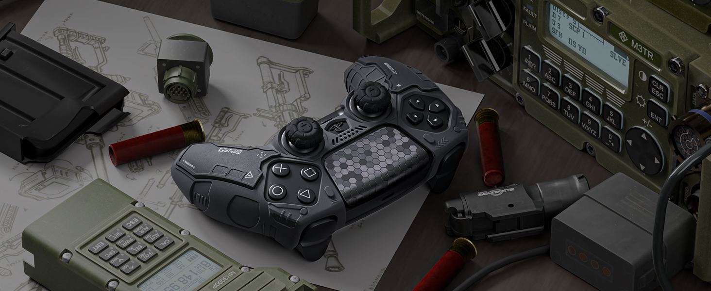 Multiple detailed views of video game controller parts and components shown in dark, technical photography style.