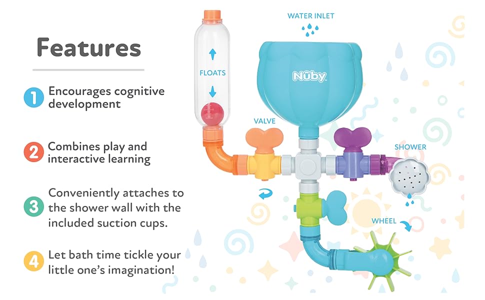 wacky waterworks, bath time, bath toy, play, development, learning, grow, fun, water