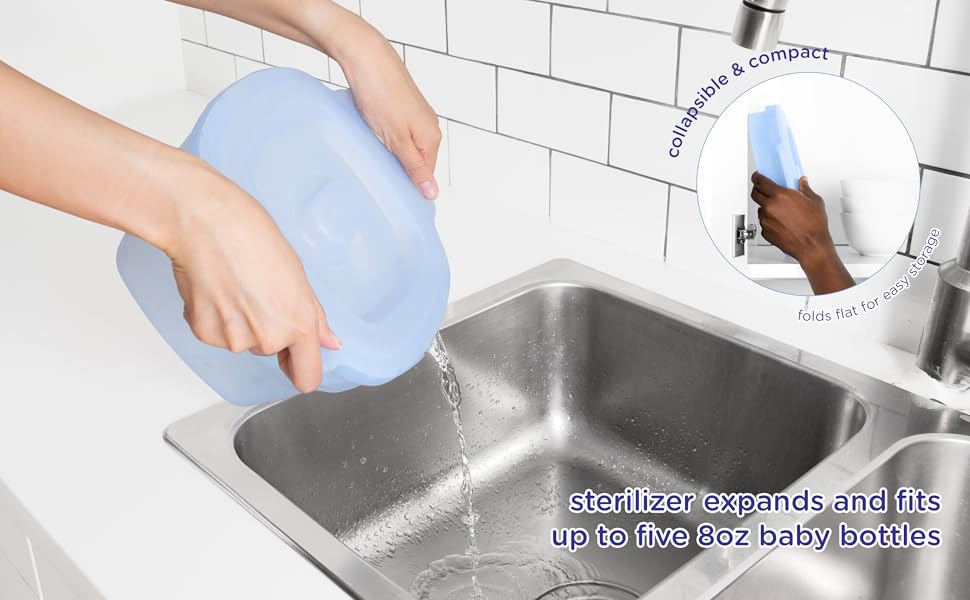 Water being poured into kitchen sink from baby bottle sterilizer