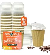 ECO SOUL 12 Oz Compostable Ripple Paper Cups (50 Pack) With Lids – Biodegradable Paper Cups, Non-...