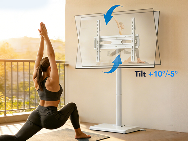 Text reads: 'Tilt +10°/-5°'. Product image showing adjustable TV wall mount with height adjustment feature, indicated by blue arrows. Exercise scene in background.