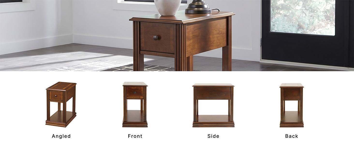 Lower fixed shelf of the narrow end table holding a woven storage basket and decorative items