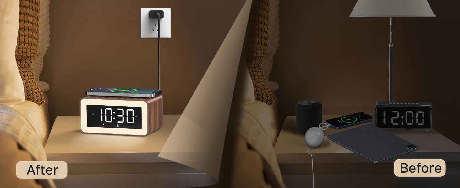 alarm clock with wireless charging sound machine desk decor night light bluetooth speaker