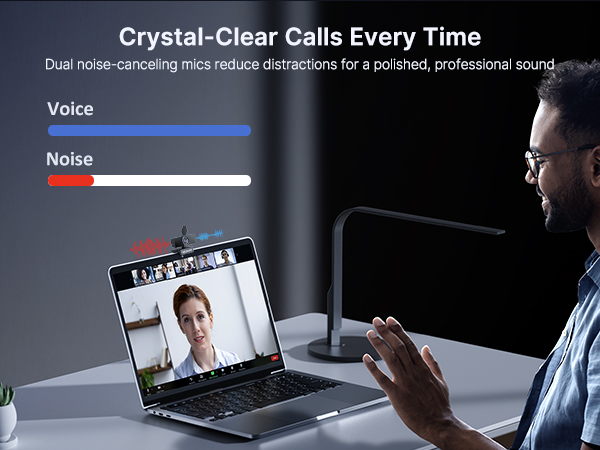 A man is attending a company video meeting using a noise-canceling microphone.
