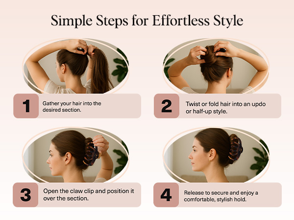 Text reads 'Simple Steps for Effortless Style' followed by numbered tutorial showing hair styling steps 1-4 demonstrating updo hairstyle technique.
