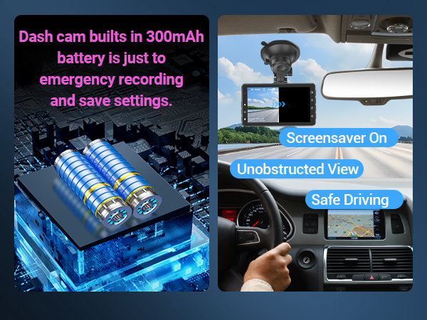 Dual-panel image showing dashboard camera with 300mAh battery specifications and mounted dash cam displaying screensaver and unobstructed view features.