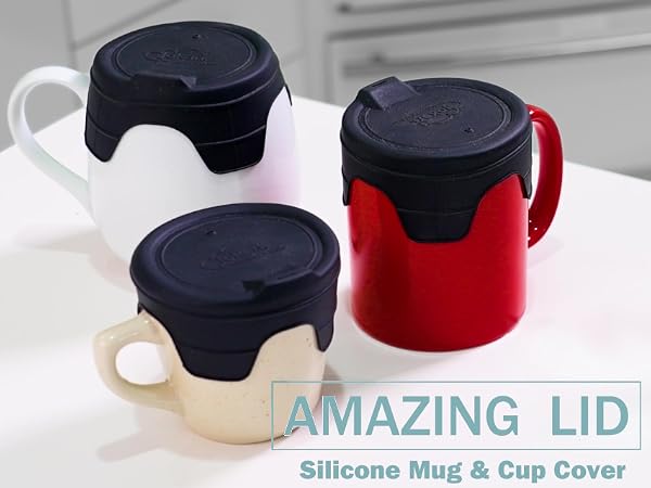3 mugs with Amazing Lids covering them | 3 tazas con tapas increíbles cubriéndolas