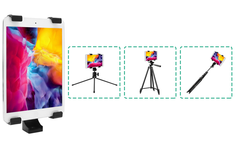 Tablet holder mount shown attached to a tripod, mini tripod, and selfie stick for versatile use