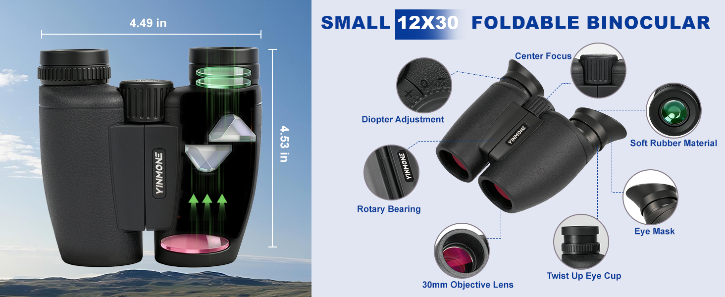YINMONE 12X30 Small Handheld Binocular for Kids and Adults with Phone Adapter Detachable Lens Cover