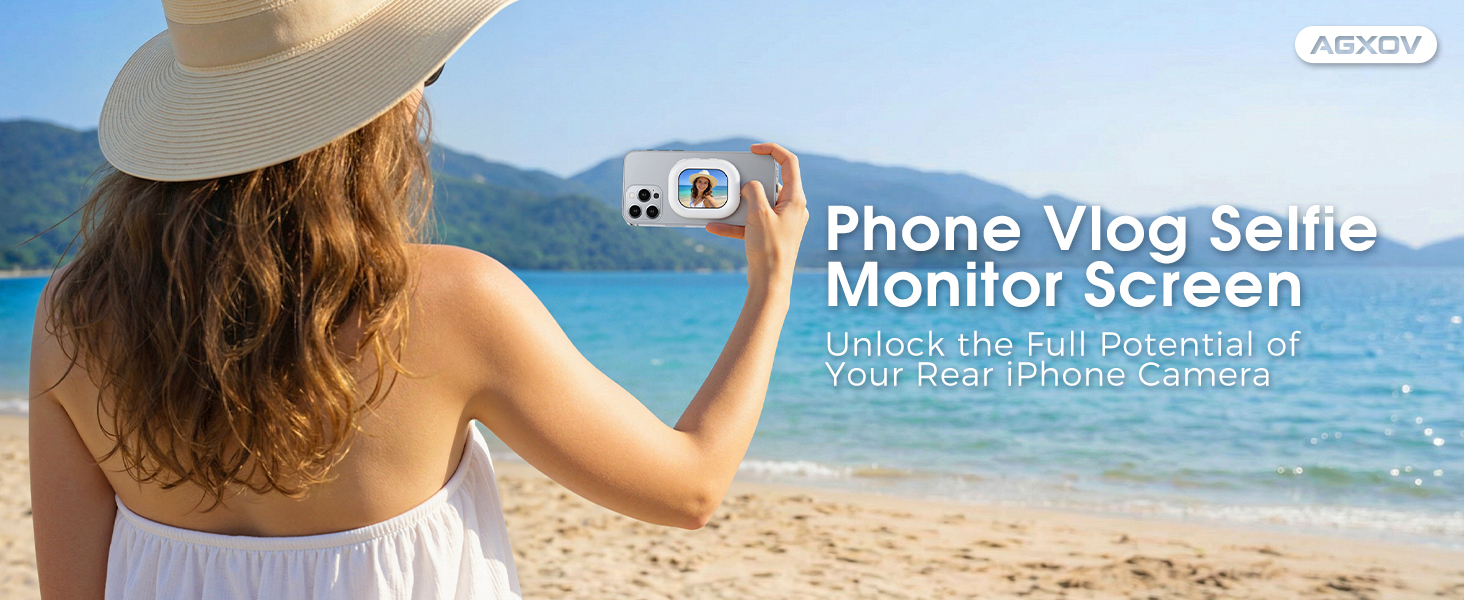 Text reads 'Phone Vlog Selfie'. Beach scene with ocean waves and blue sky visible in background.