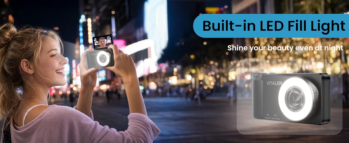 Text reads 'Built-in LED Fill Light'. Woman holding ring light device at nighttime urban location with illuminated buildings. Compact circular LED fill light with built-in capability shown in use for photography/video.