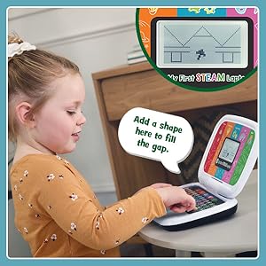 Toy laptop: Add a shape here to fill the gap. Kid selects shape to build the bridge.
