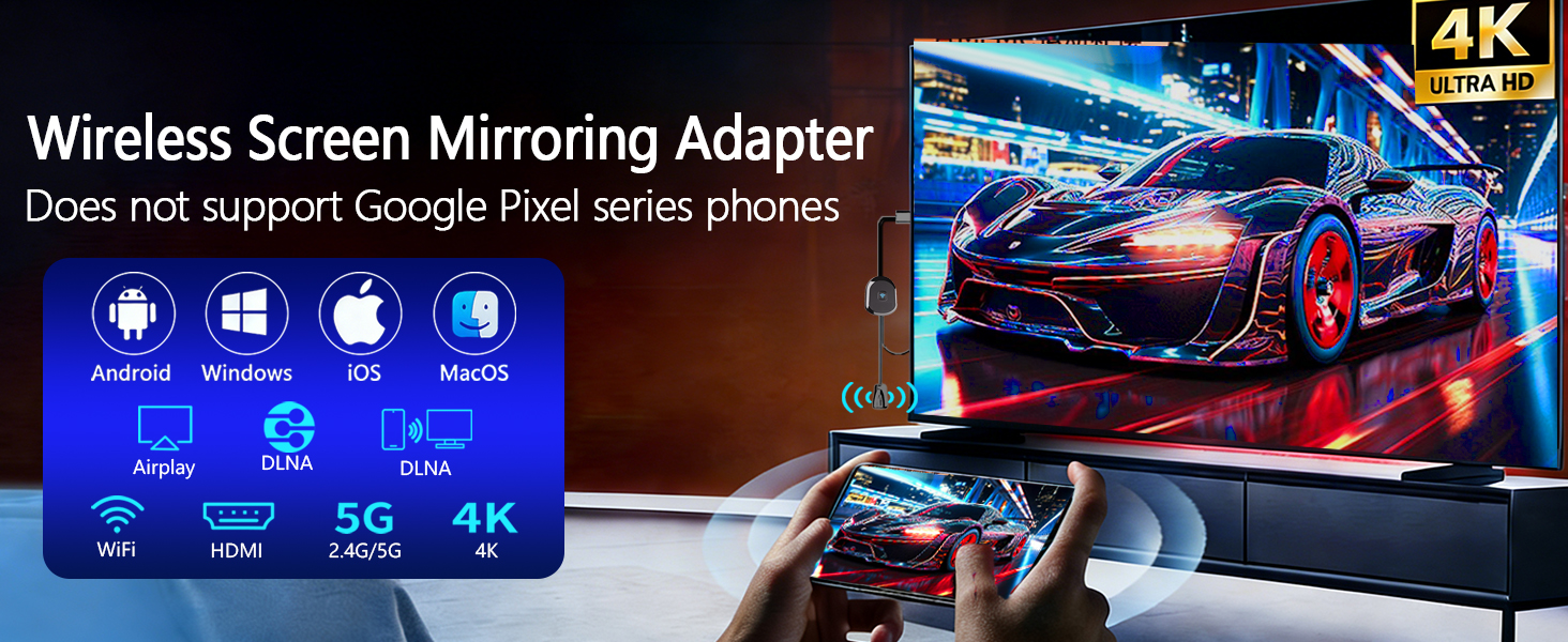 Wireless HDMI Adapter for TV, Airplay DLNA Miracast Dongle, 4K Screen Mirror from Phone to Monitor