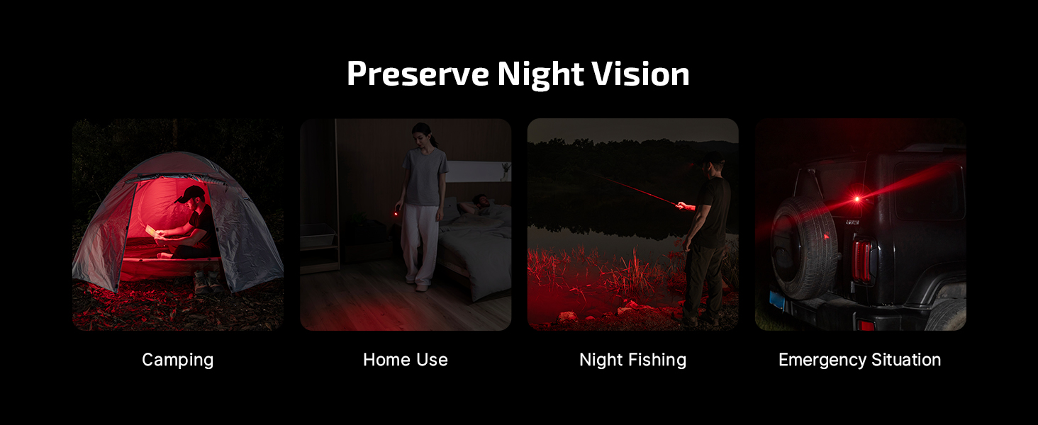 Two brightness levels of red light work for reading outdoors, home use, fishing and emergencies