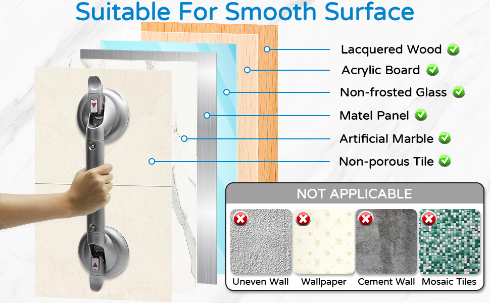 Product compatibility chart showing suitable smooth surfaces including lacquered wood, acrylic board, glass, metal panel, and artificial marble.