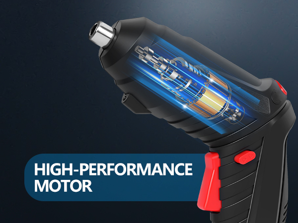 Electric screwdriver with cutaway view showing blue high-performance motor inside. Black ergonomic handle with red trigger and button. Text reads 'HIGH-PERFORMANCE MOTOR'.