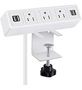 3 AC Outlet Desk Clamp Power Strip White, Desk Mount USB Charging Power Station, Removable Deskto...
