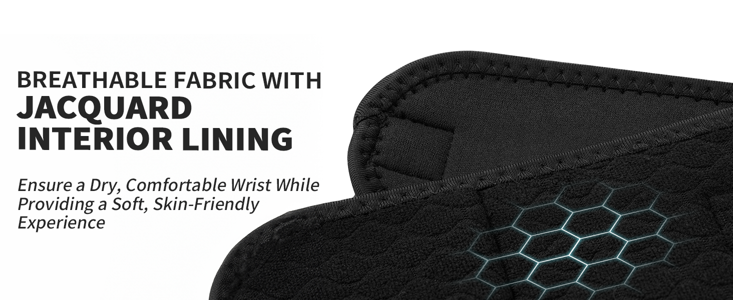 Close-up of black fabric material featuring breathable jacquard interior lining, designed for comfortable wrist support.