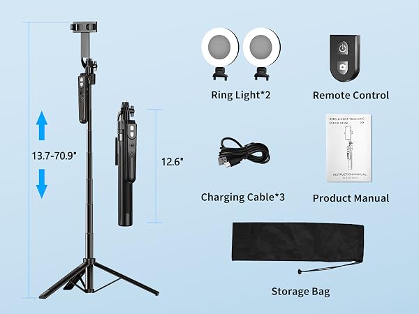 Selfie stick and gimbal stabilizer kit components displayed including tripod stand, dual ring lights, remote control, charging cable, product manual, and storage bag on blue background.