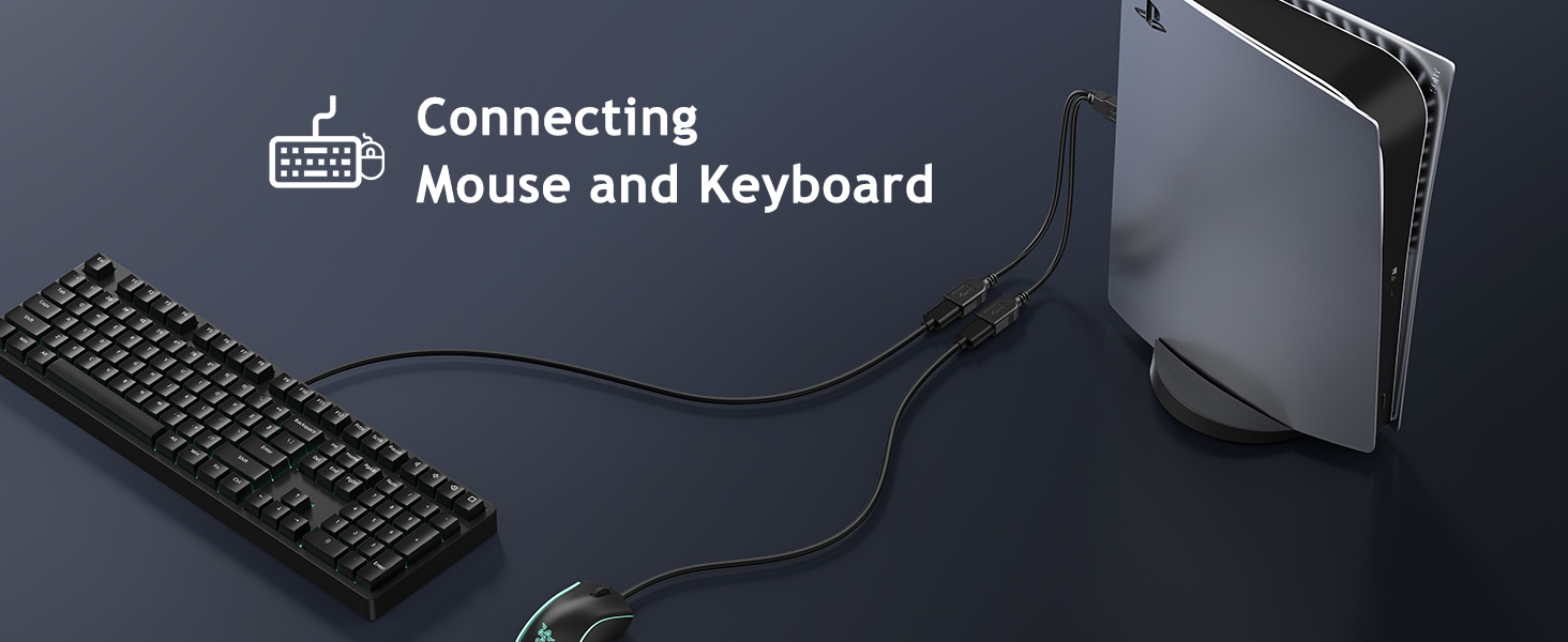 Computer setup illustration showing keyboard and mouse connection icon against dark blue background, with line art style peripherals and connection cables.