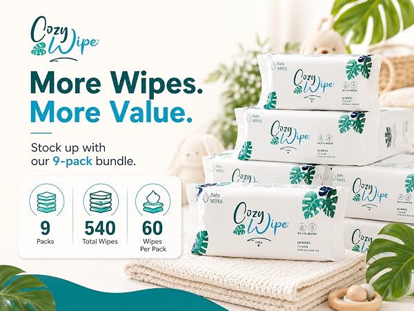 Cozy Wipe 9-pack bundle with 60 wipes per pack and 540 total baby wipes.