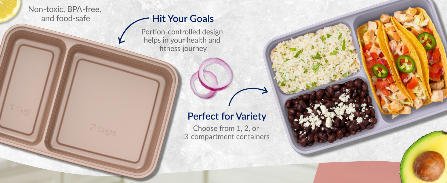 portion controlled containers, portion control, reusable containers, reusable meal prep containers