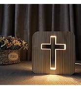WLHONG Cross Shaped Wood Bedside Lamp, Jesus Cross 3D LED Optical Night Light, Personalized Room ...