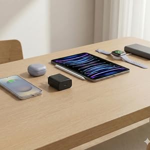 Universal 45W USB-C power adapter for Samsung S25, S24, iPhone 17, 16, and iPad Pro tablets.