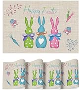 Artoid Mode Green Blue Pink Bunnys Vinyl Happy Easter Placemats Set of 4, 12x18 Inch Wipeable Non...