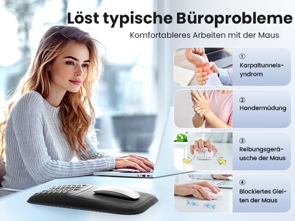 Text reads 'Löst typische Zursprobleme'. Collection of images showing someone working at a laptop in a home office environment.