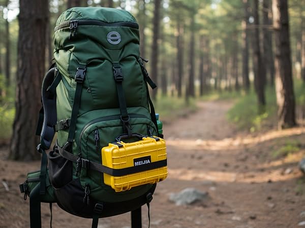 Multiple views of a green hiking backpack on forest trails, showing different angles and positions. Yellow accessory attached to pack.
