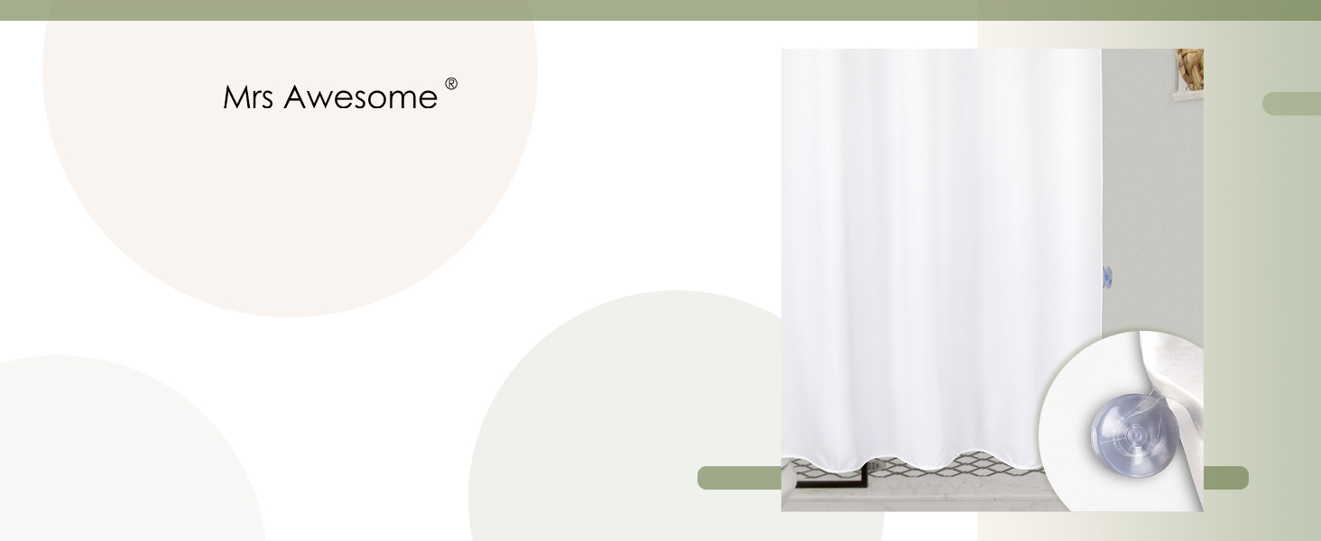 waterproof white fabric shower curtain or liner with suction cups
