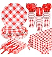 WNINK 176 PCS Red Gingham Plates and Napkins, Red Checkered Disposable Plates Set with Napkins Cu...