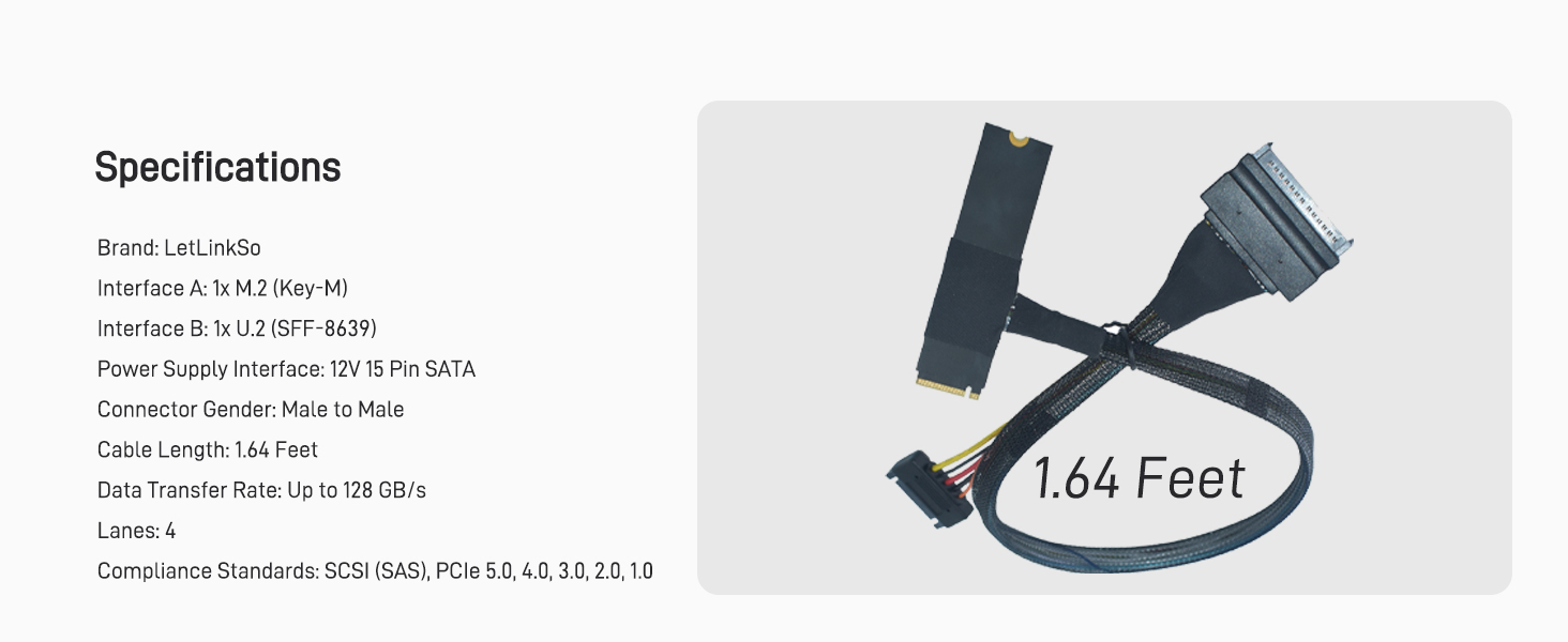 LetLinkSo Gen5 PCIe 5.0 U.2 to M.2 Adapter Card SFF-8639 to M2 NVMe SSD Cable