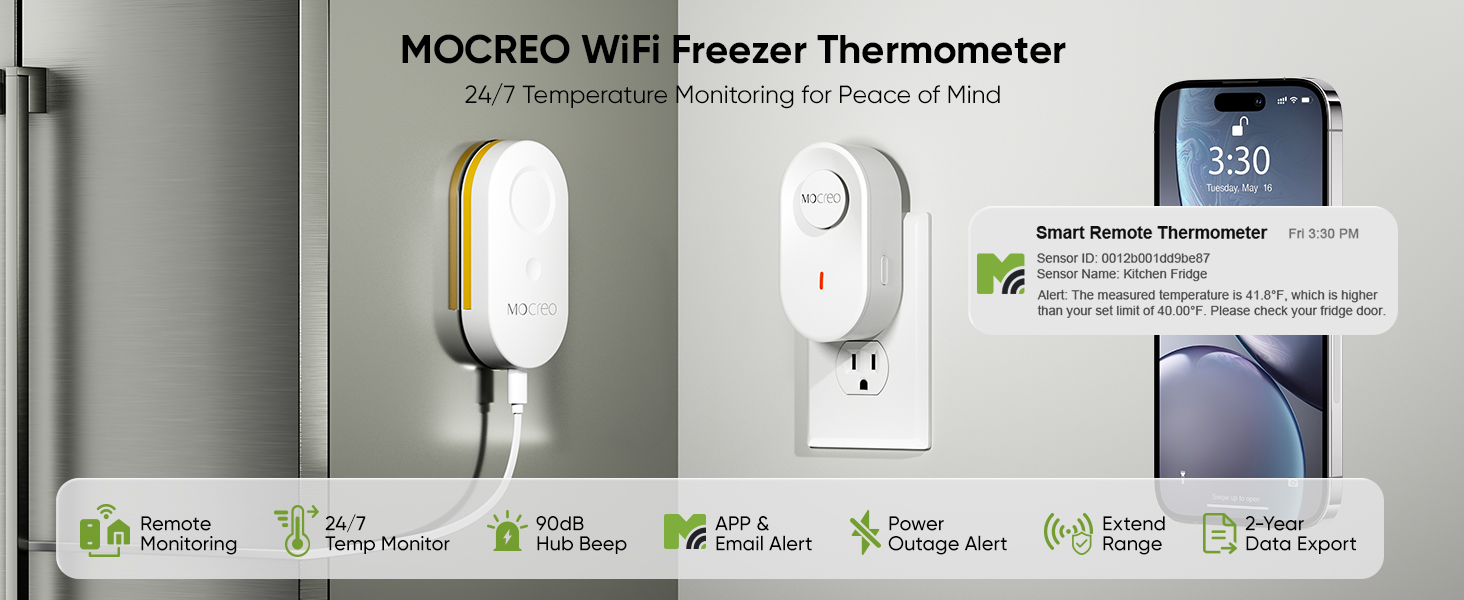 WiFi Refrigerator Thermometer Freezer Alarm Remote Wireless Temperature Sensor for Home Kitchen