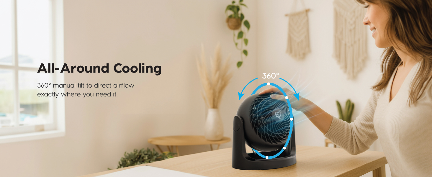 IRIS USA Desk Fan, Air Circulator, 3 Speeds, 52ft Max Air Distance, 360° Adjustable Tilt, 30 db