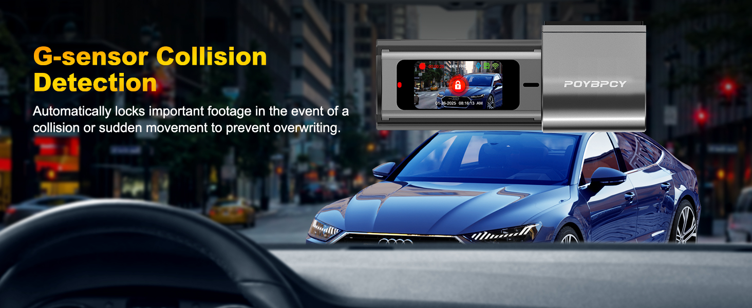 Car dashboard display showing G-sensor collision detection feature with a blue vehicle visible in the background.