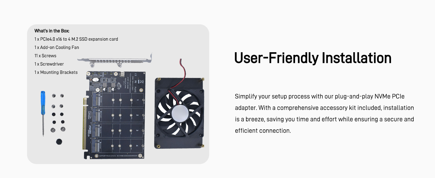 LetLinkSo Gen4 PCIe 4.0 x16 M.2 Expansion Adapter Card 4 Ports NVMe SSDs M Key with Brushless Fan