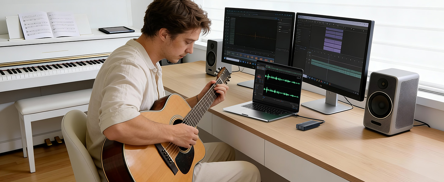 Desktop workspace setup showing computer monitors, keyboard, and desk arrangement from multiple angles in a home office environment.