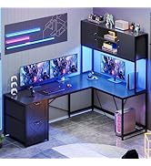 SEDETA Corner Computer Desk, Reversible L Shaped Computer Desk with Fabric Drawers and Power Outl...