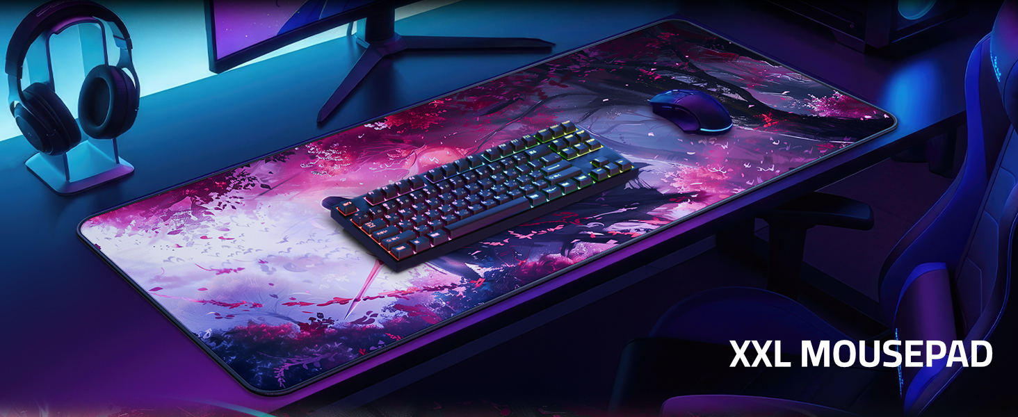 Text reads 'XXL MOUSEPAD'. Large gaming mousepad with purple and blue cosmic galaxy design pattern shown from multiple angles.