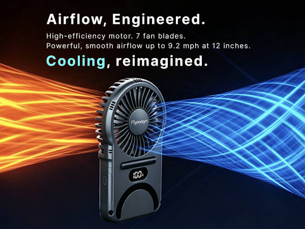 High-efficiency motor with 7 fan blades. Powerful smooth airflow up to 9.2 mph at 12 inches